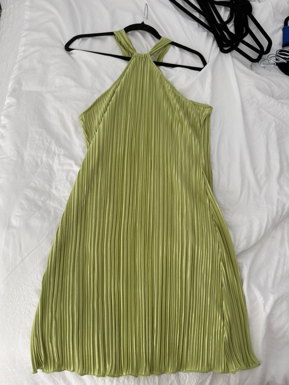 Pleated Halter Midi Dress in Lime Green